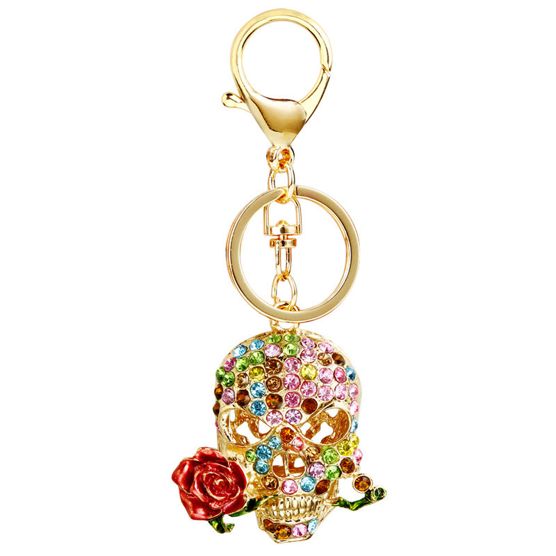 Wholesale Diamond Inlaid Rose Skull Metal Keychains